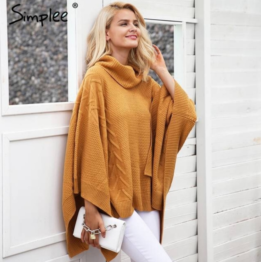 Simplee Cable Knit Mustard Yellow Turtleneck Poncho Sweater Women's One Size